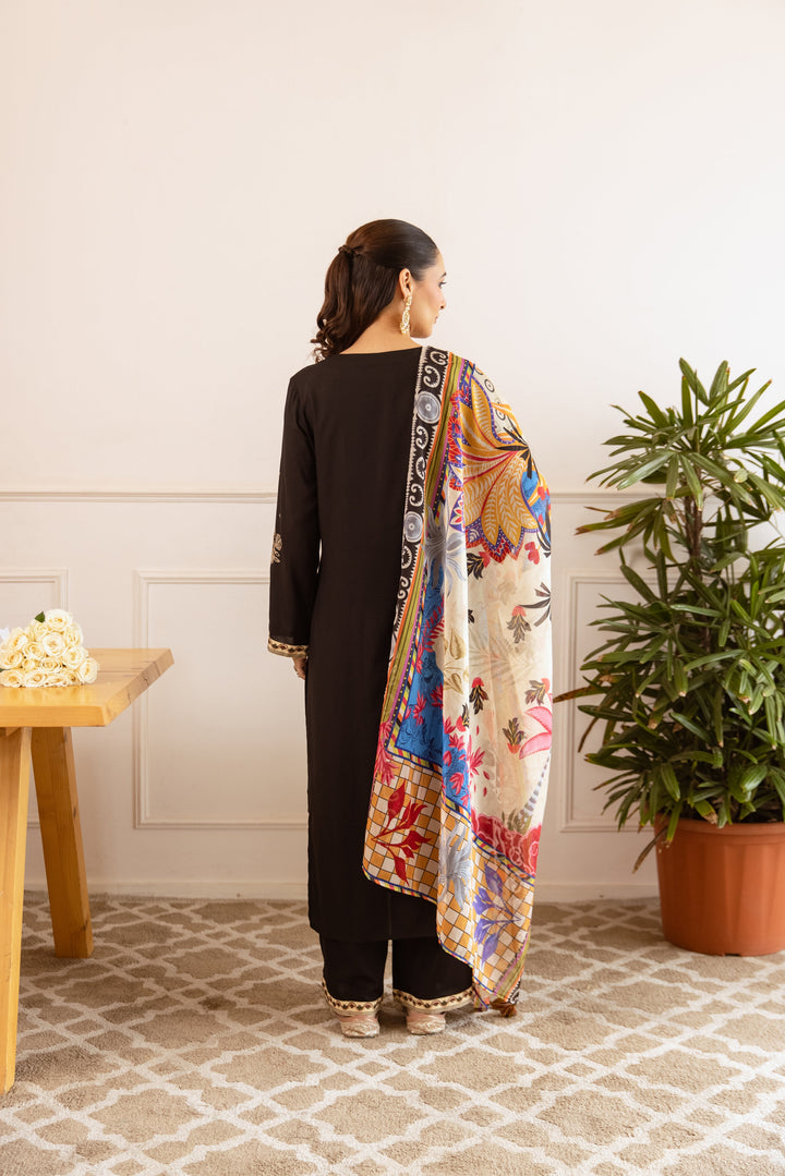 Nehamta Women's Black German Rayon Kurta with Palazzo & Dupatta
