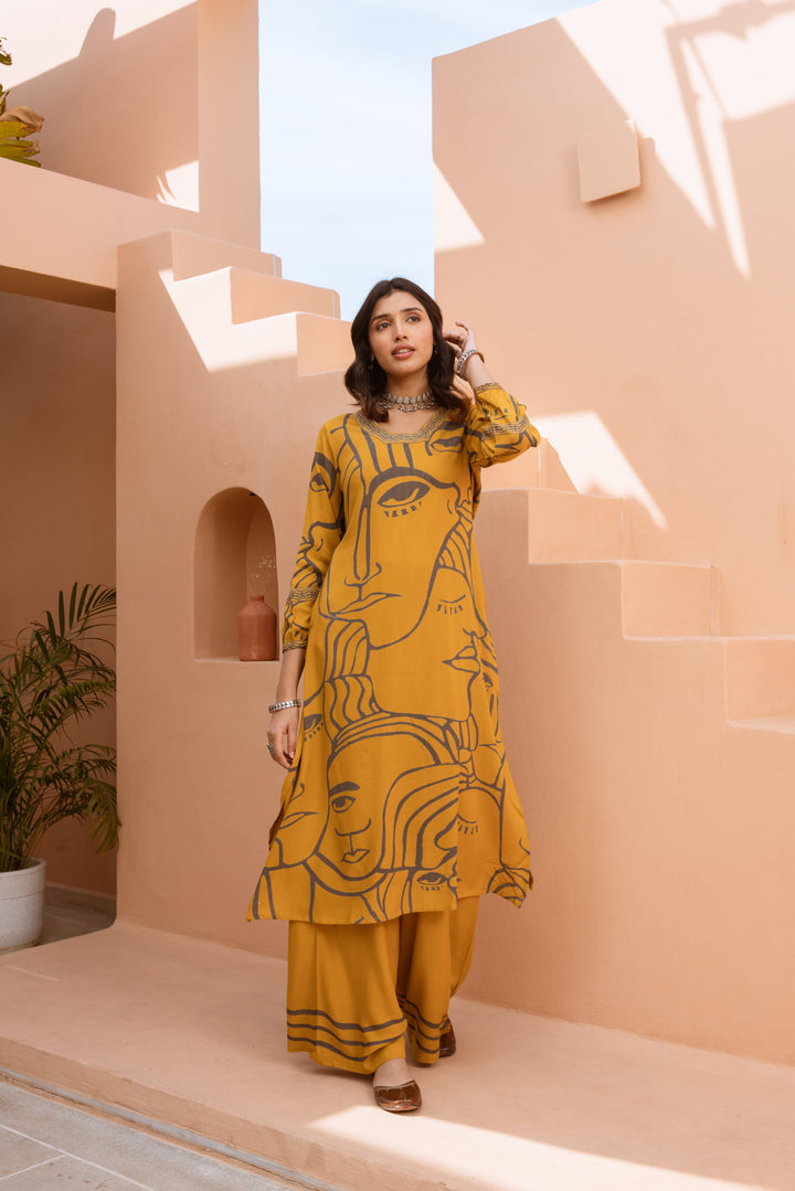 Nehamta Women's Mustard German Rayon Kurta & Palazzo Set