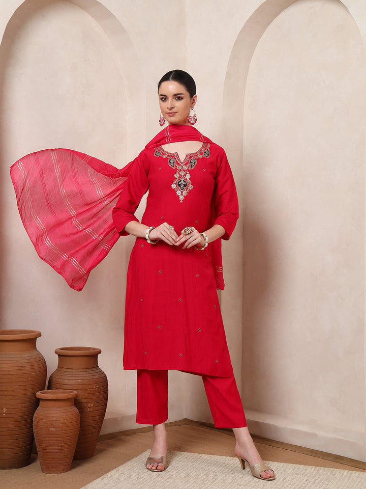 Nehamta Women's Rani Pink Cotton rayon Kurta, Pant & Dupatta Set
