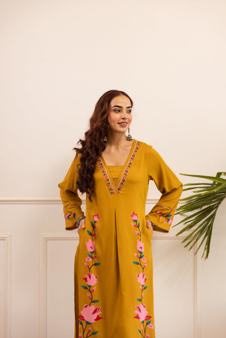 Nehamta Women's Mustard German Rayon Kurta & Palazzo Set