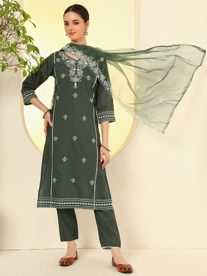 Nehamta Women's Grey Cotton rayon Kurta, Pant & Dupatta Set