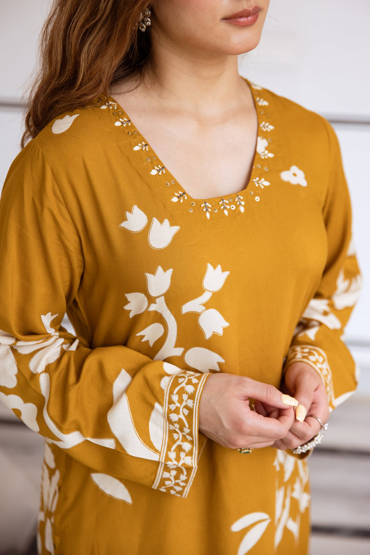 Nehamta Women's Mustard Rayon Kurta & Palazzo Set