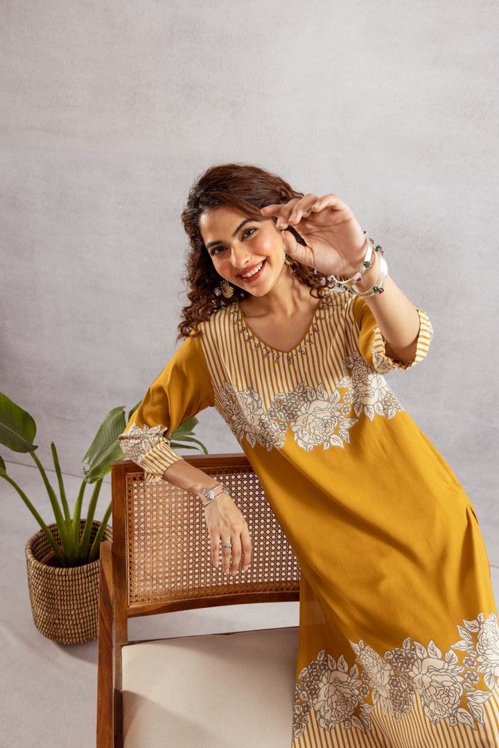 Nehamta Women's Mustard German Rayon Kurta & Palazzo Set