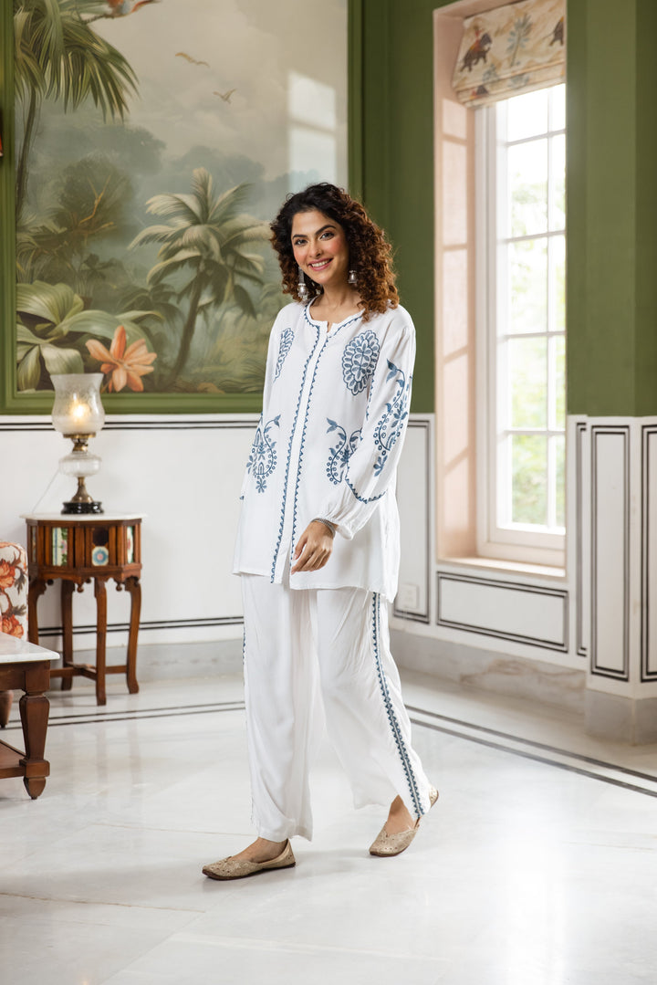 Nehamta Women's White Rayon Tunic with Palazzo Set