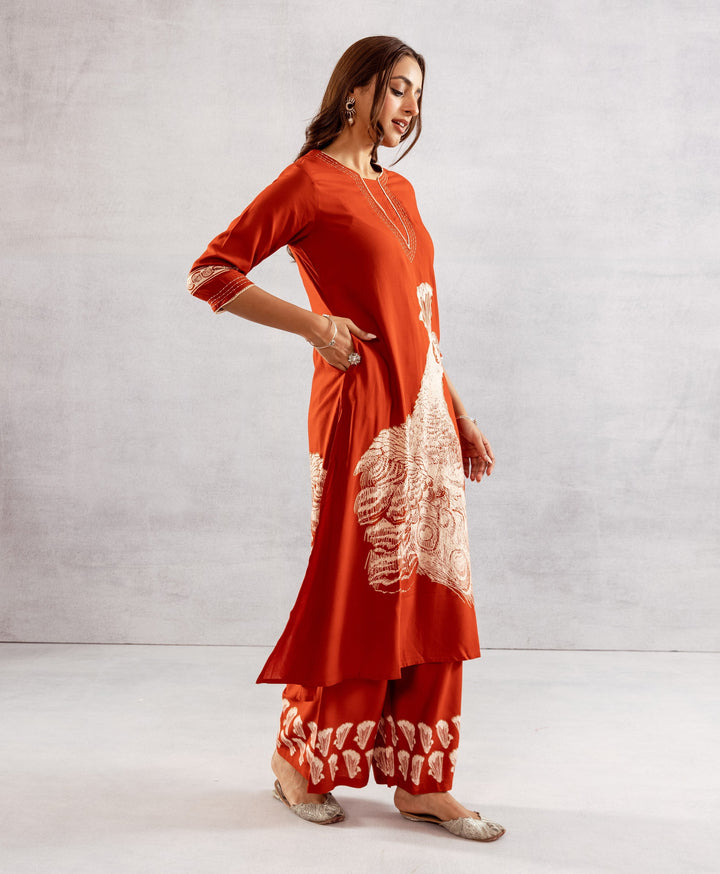 Nehamta Women's Rust German Rayon Kurta & Palazzo Set