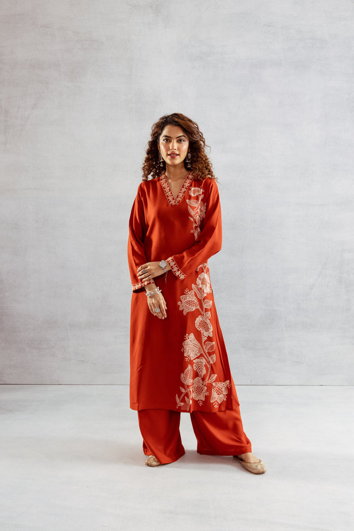 Nehamta Women's Rust Rayon Kurta & Palazzo Set