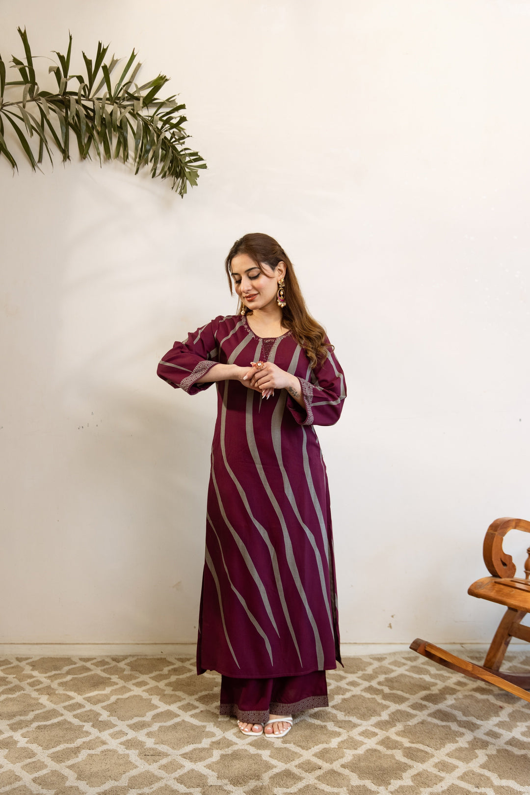 Nehamta Women's Wine-Grey German Rayon Kurta & Pant Set