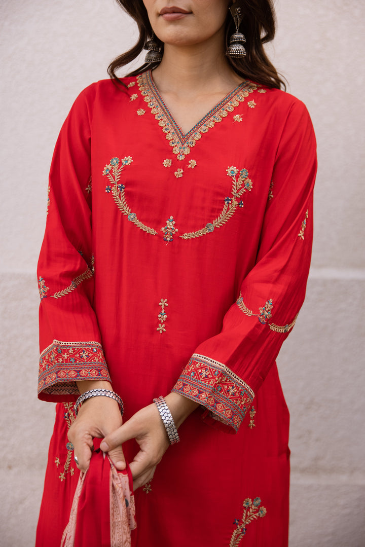 Nehamta Women's Red Modal Muslin Kurta, Palazzo & Dupatta Set