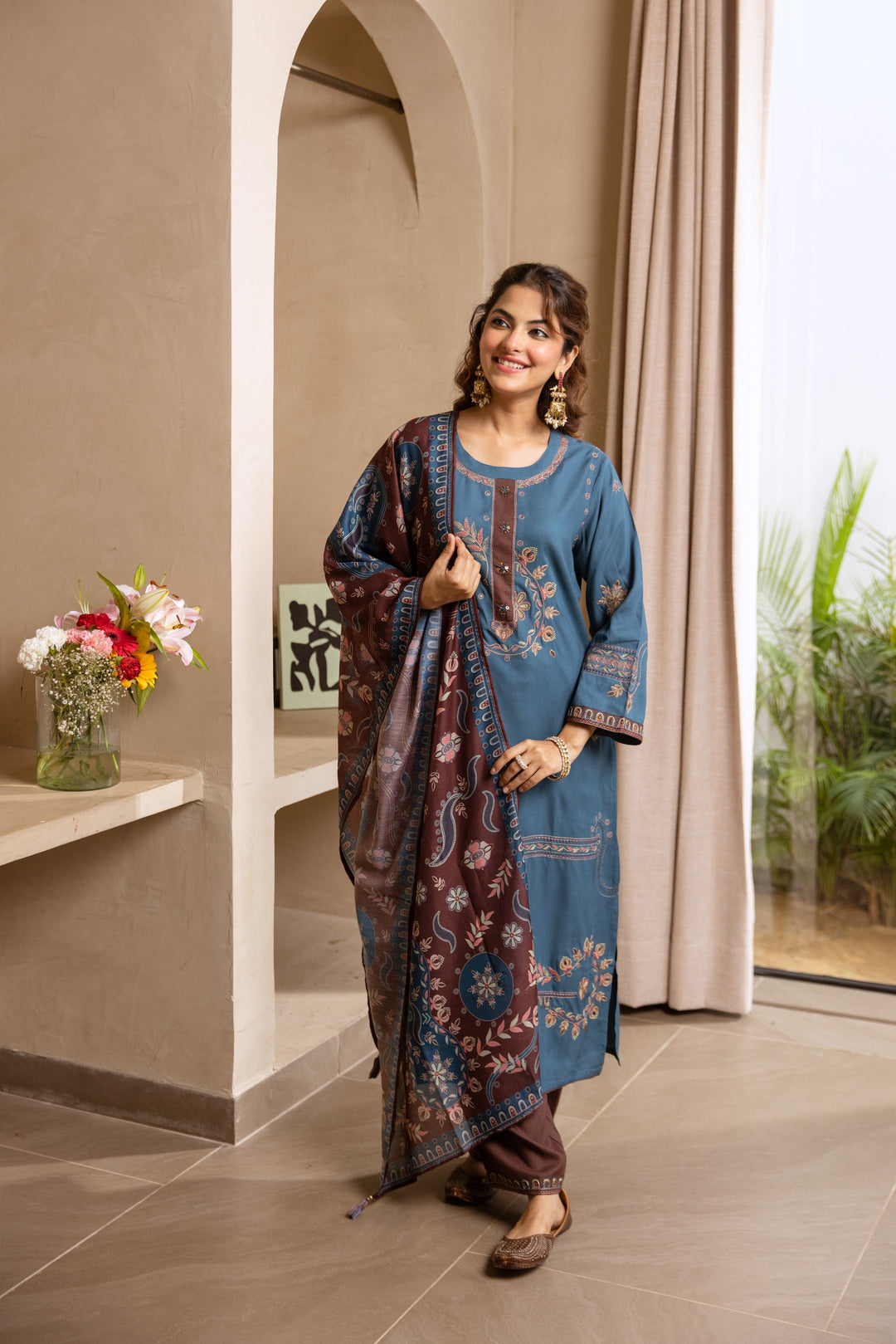 Nehamta Women's Grey German Rayon Kurta, Palazzo & Dupatta Set