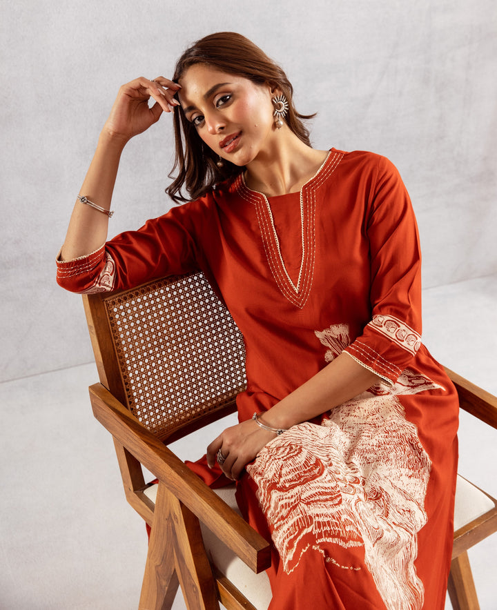 Nehamta Women's Rust German Rayon Kurta & Palazzo Set