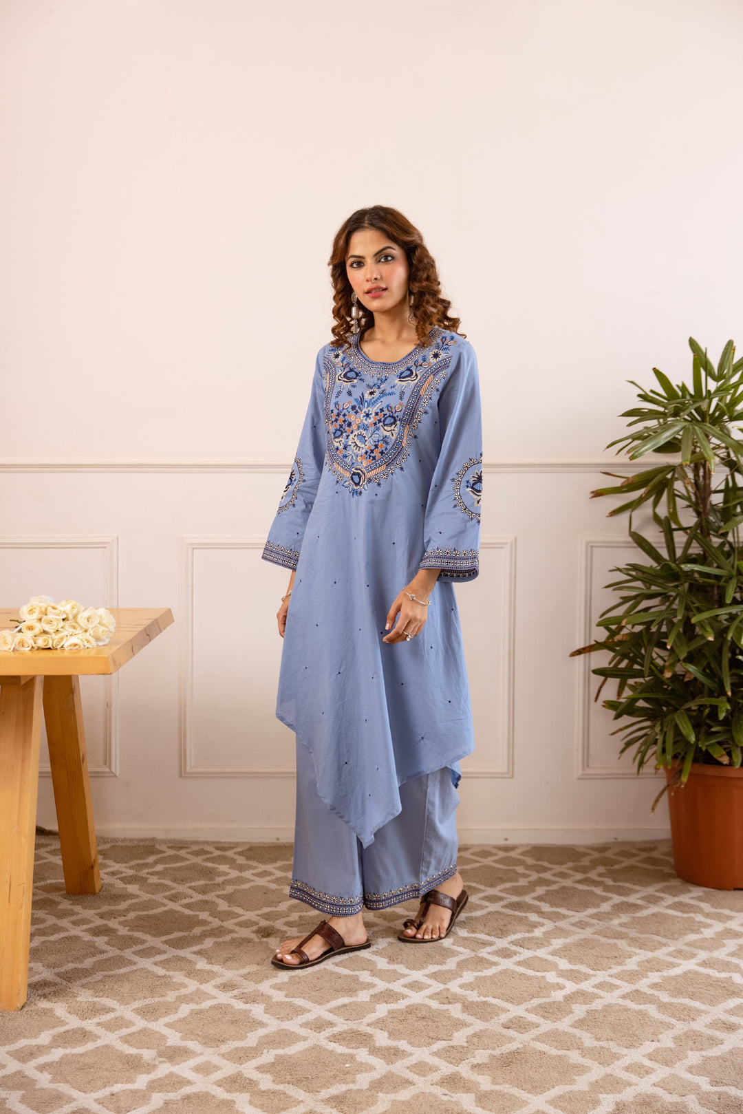 Nehamta Women's Sky Blue Cotton Asymetrical Kurta & Palazzo