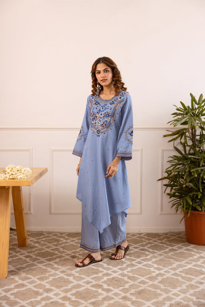 Nehamta Women's Sky Blue Cotton Asymetrical Kurta & Palazzo