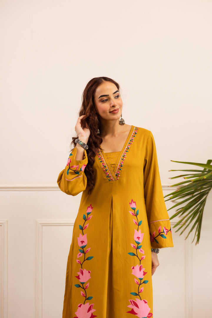 Nehamta Women's Mustard German Rayon Kurta & Palazzo Set