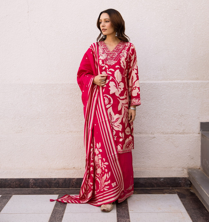 Nehamta Women's Rani Pink Modal Muslin Kurta, Palazzo & Dupatta Set