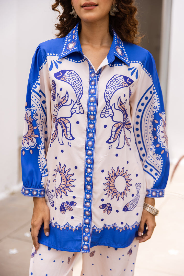 Nehamta Women's White:Blue Polyester Short Kurta With Pant Co-Ords Set