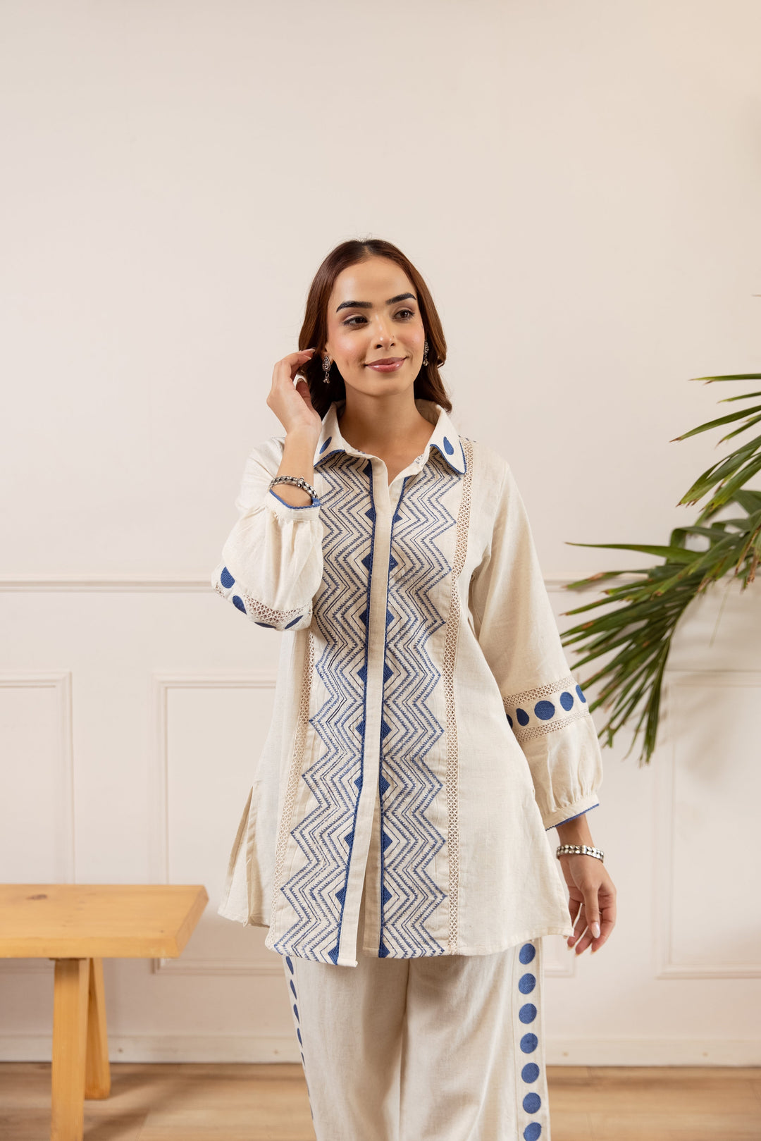 Nehamta Women's White Pure Cotton Tunic with Palazzo Co-Ords Set