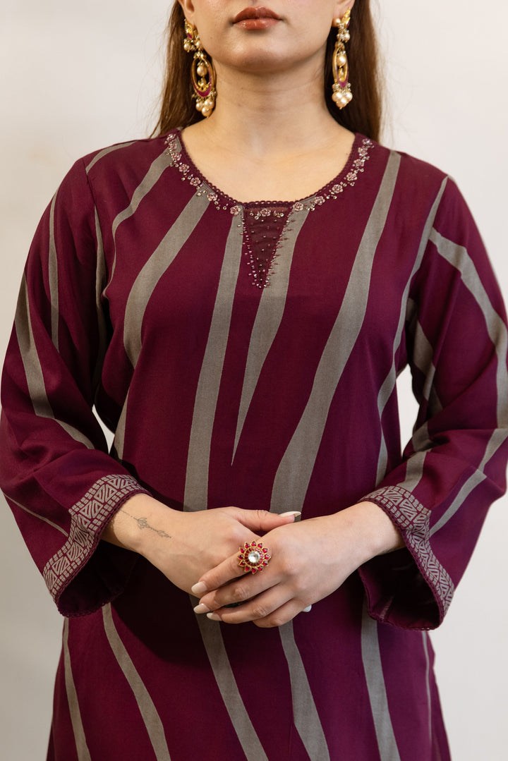 Nehamta Women's Wine-Grey German Rayon Kurta & Pant Set