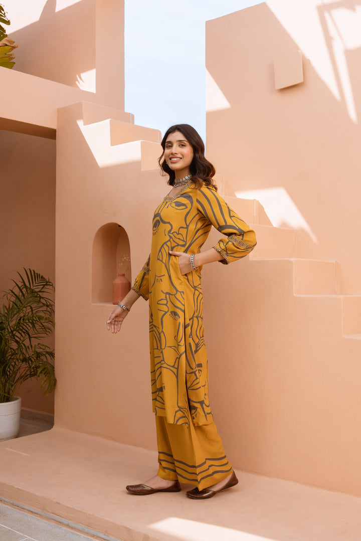 Nehamta Women's Mustard German Rayon Kurta & Palazzo Set
