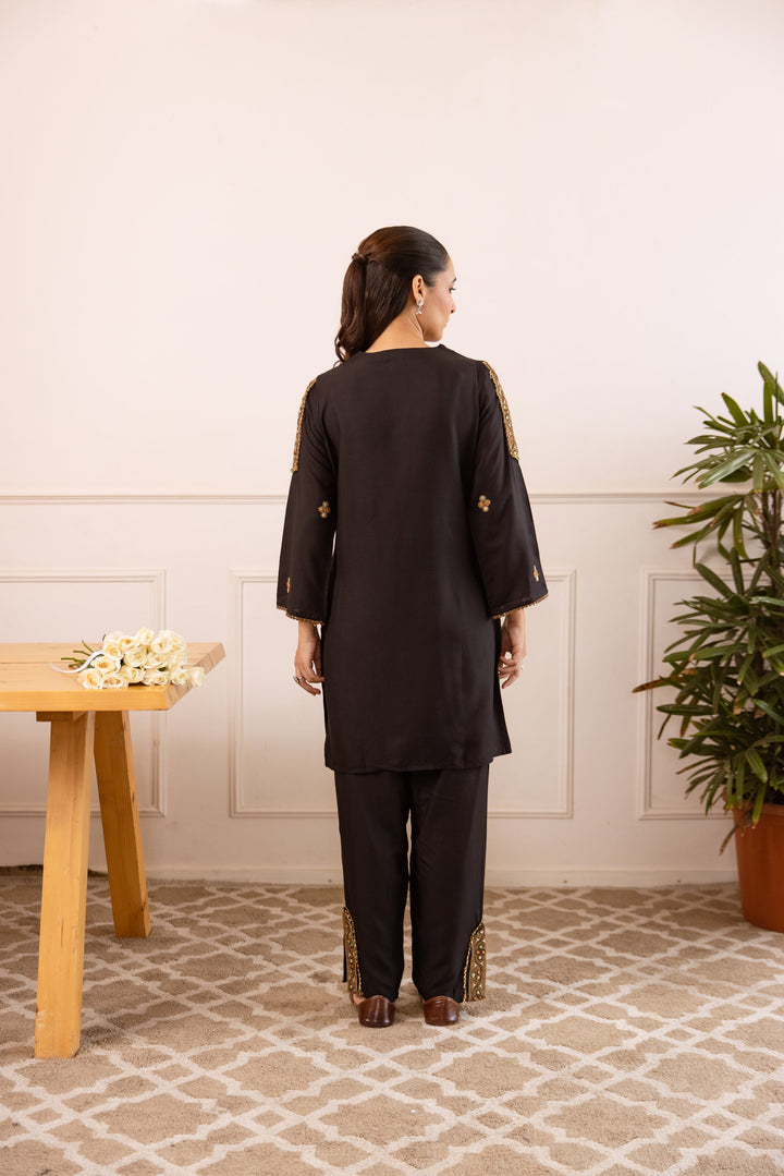 Nehamta Women's Black German Rayon Tunic with Pant Co-Ords Set