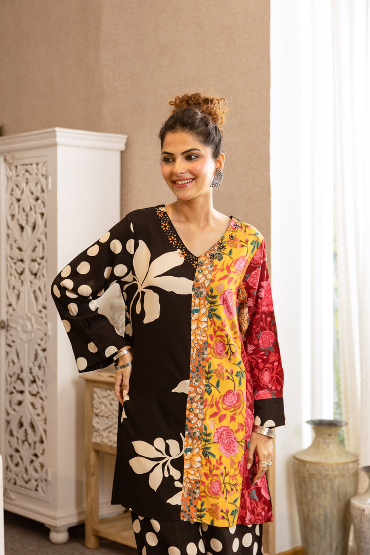 Nehamta Women's Black Rayon Kurta & Palazzo Set