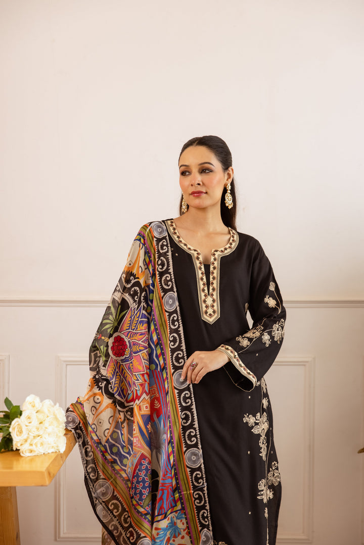 Nehamta Women's Black German Rayon Kurta with Palazzo & Dupatta