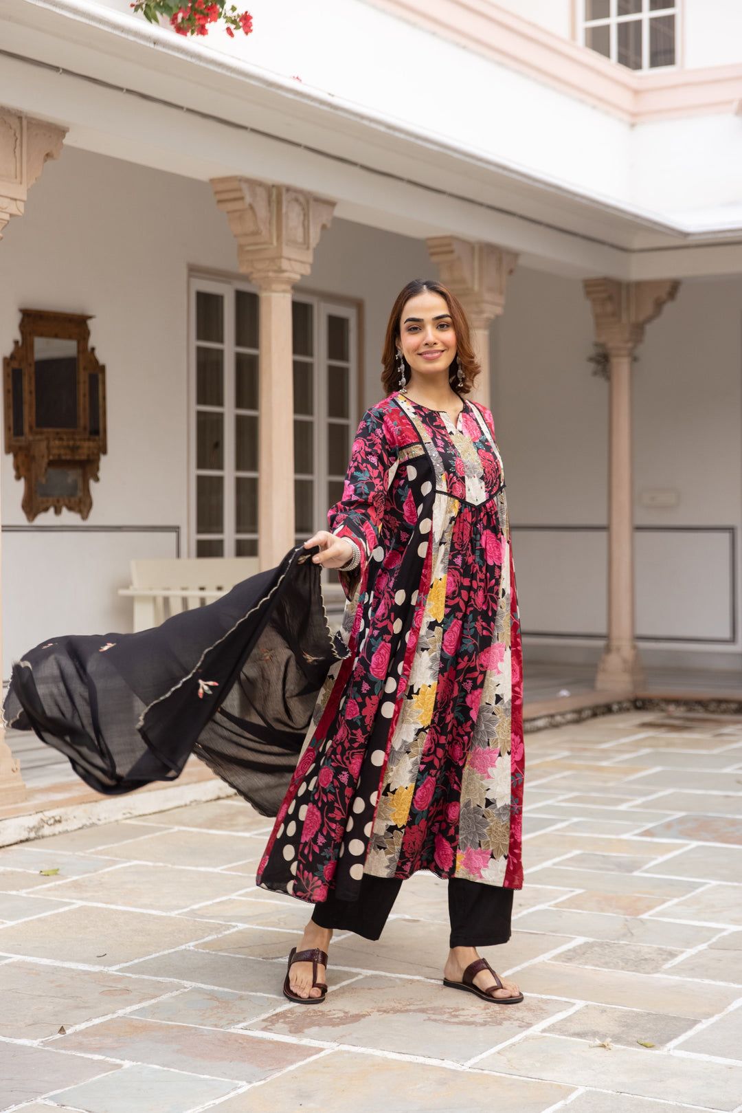 Nehamta Women's Black Cotton Kurta with Pant & Dupatta