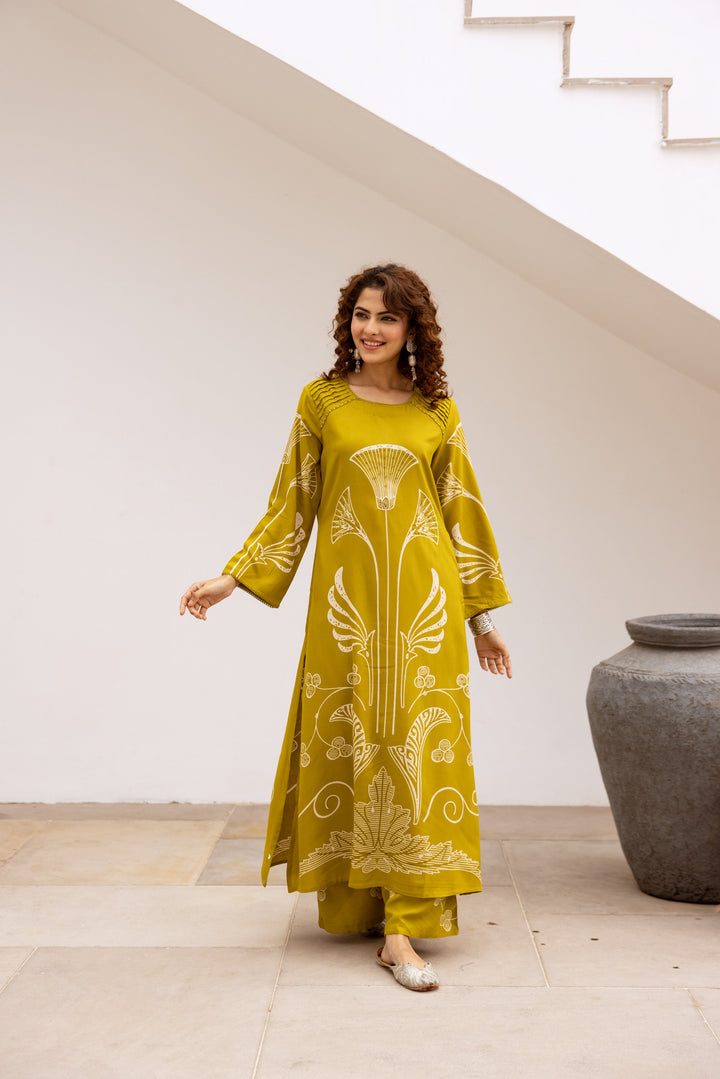 Nehamta Women's Lime Green German Rayon Kurta & Palazzo Set