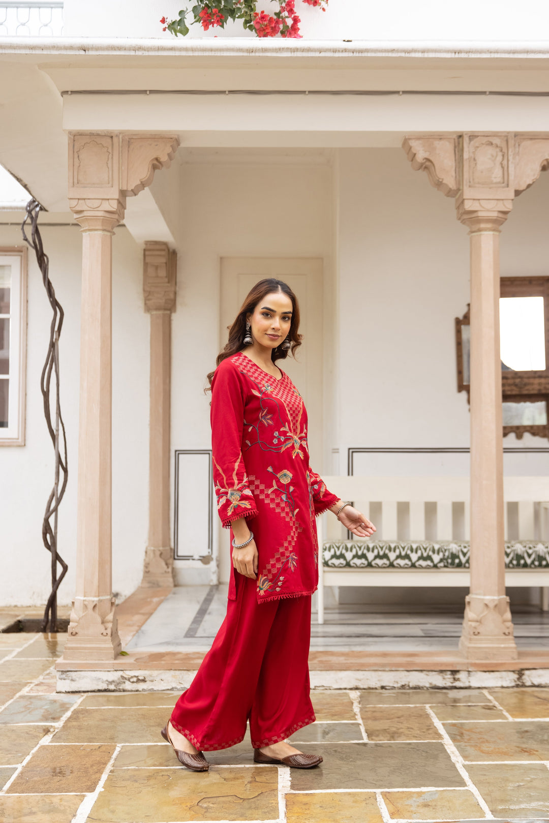 Nehamta Women's Red Rayon Kurta & Palazzo Set