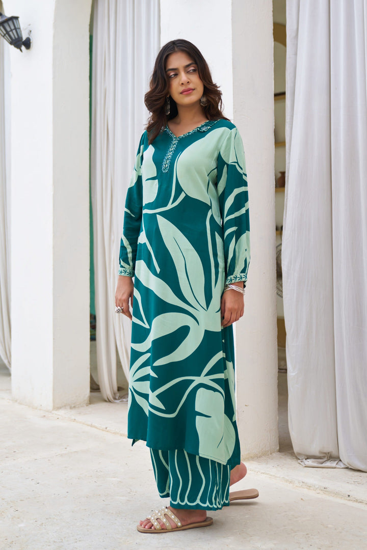 Nehamta Women's Teal Blue German Rayon Kurta & Palazzo Set