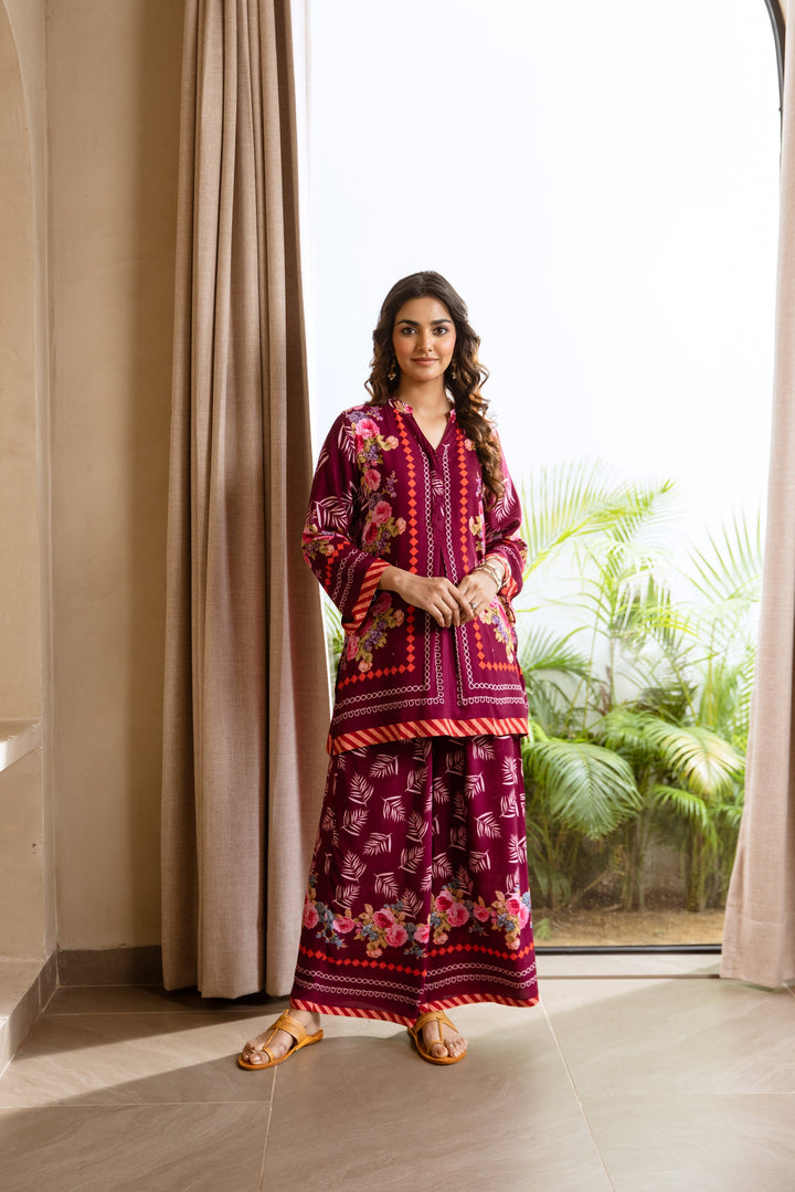 Nehamta Women's Wine Rayon Tunic & 1 Palazzo Co-Ords Set