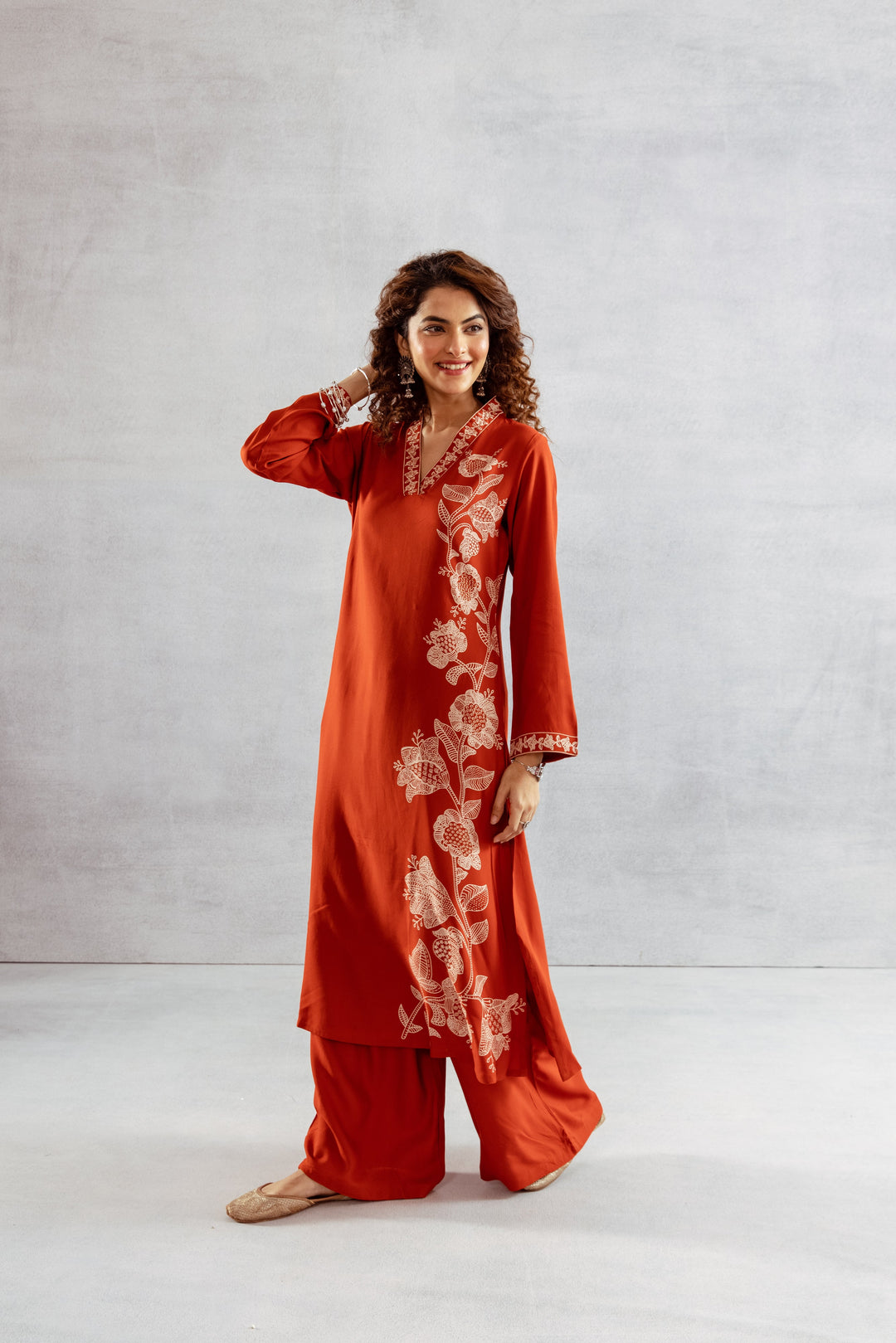 Nehamta Women's Rust Rayon Kurta & Palazzo Set