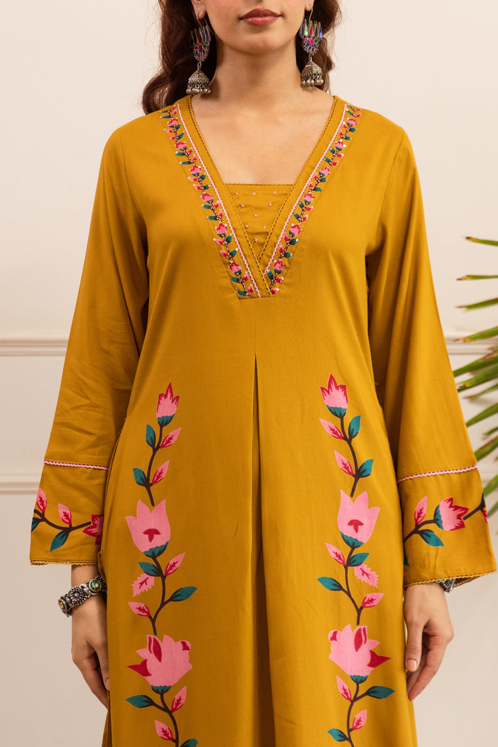 Nehamta Women's Mustard German Rayon Kurta & Palazzo Set