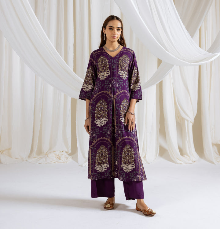 Nehamta Women's Purple German Rayon Kurta & Palazzo Set