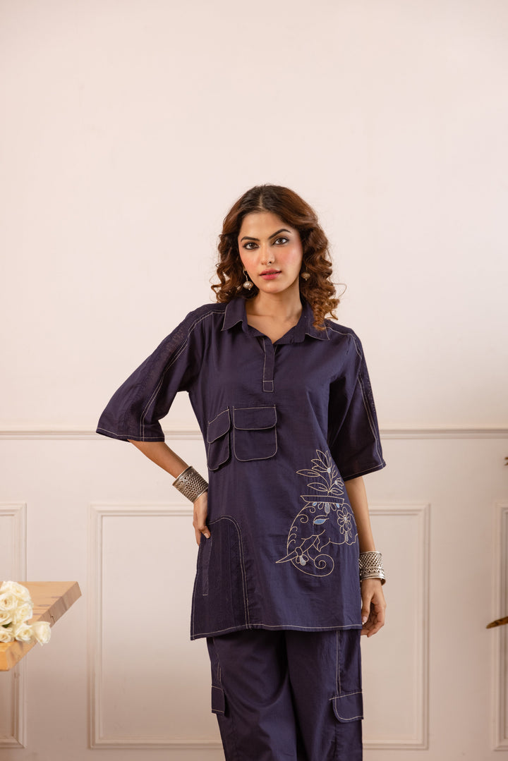 Nehamta Women's Navy Blue Pure Cotton Tunic with Pant Co-Ords Set