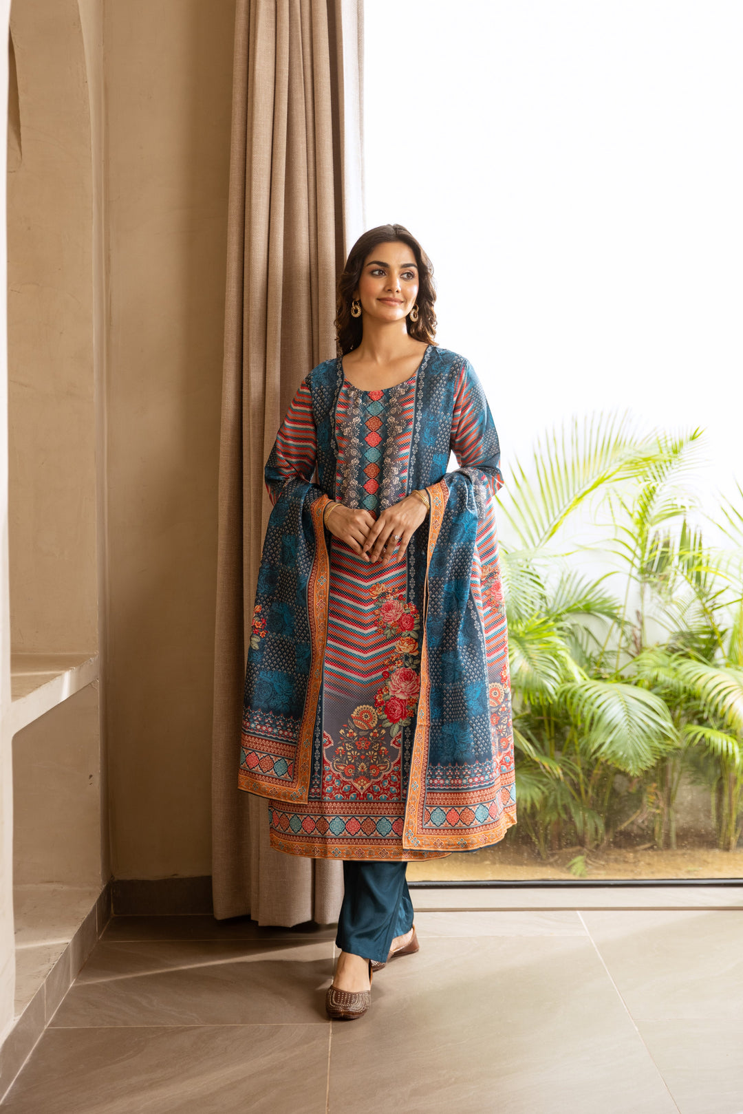 Nehamta Women's Teal Blue Viscose Muslin Kurta, Palazzo & Dupatta Set