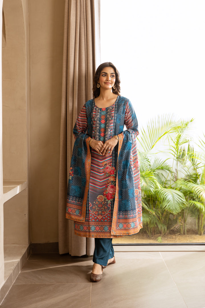 Nehamta Women's Teal Blue Viscose Muslin Kurta, Palazzo & Dupatta Set