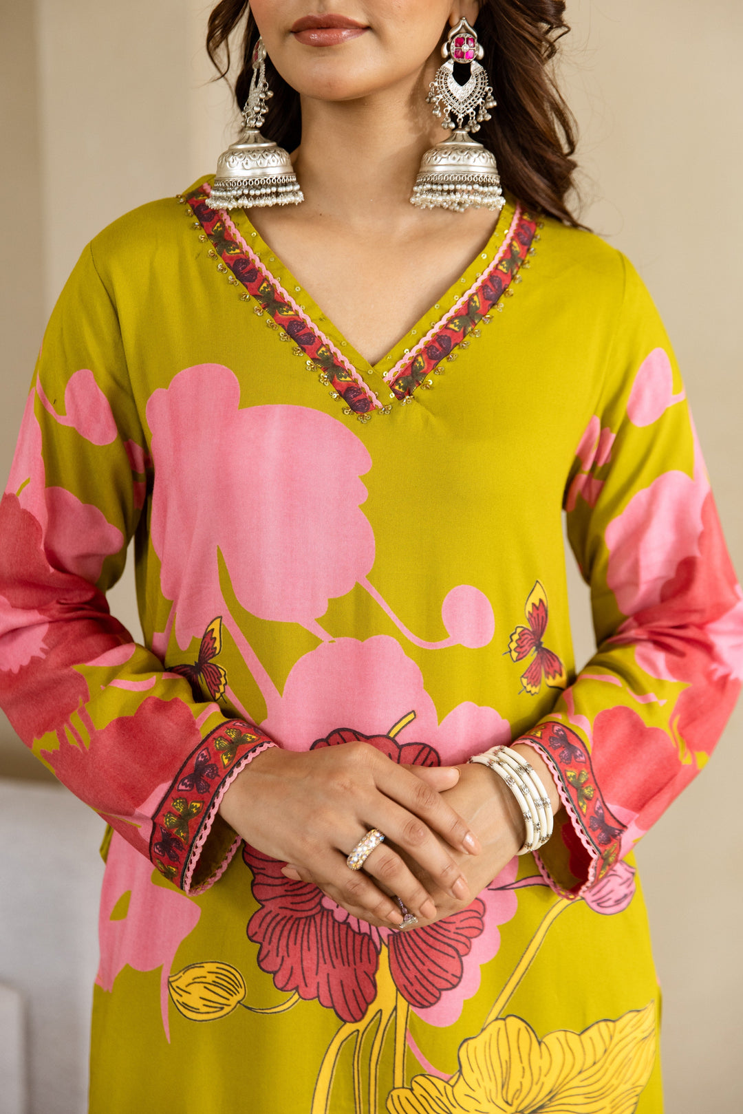 Nehamta Women's Lime Green German Rayon Kurta & Palazzo Set