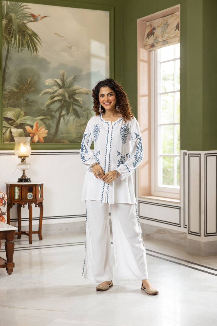 Nehamta Women's White Rayon Tunic with Palazzo Set