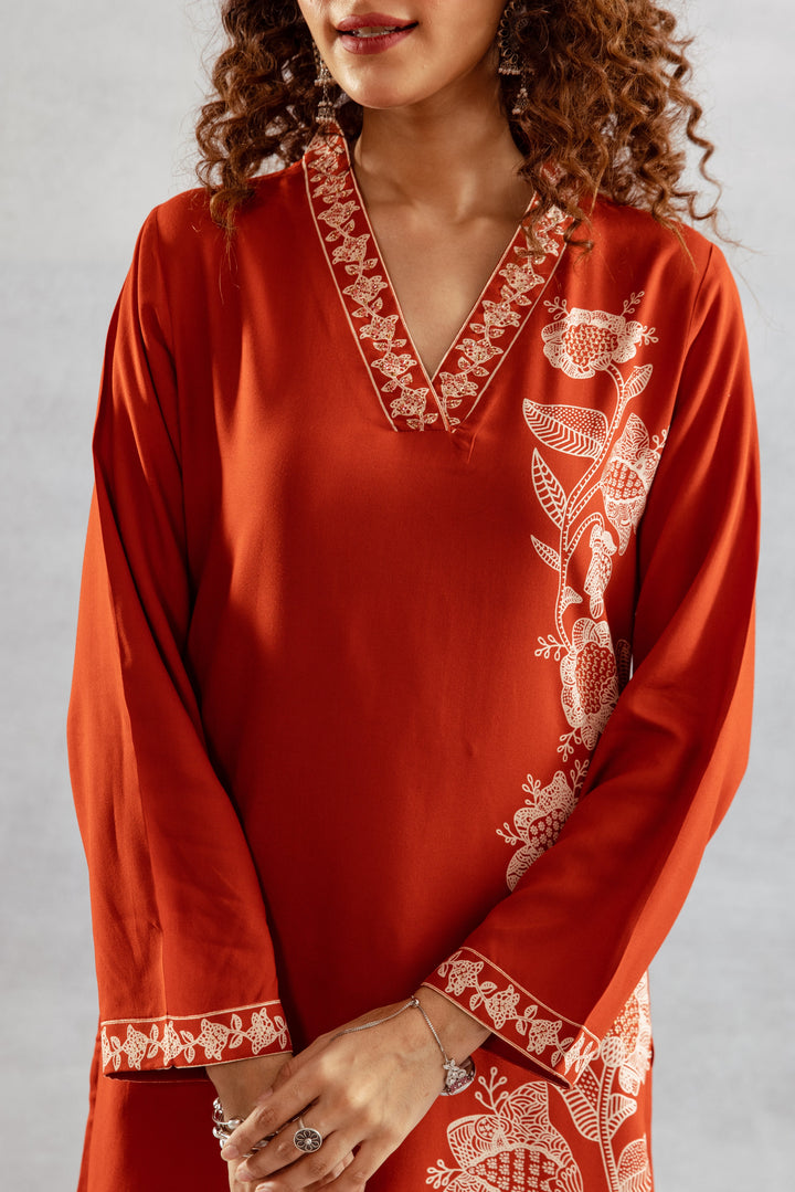 Nehamta Women's Rust Rayon Kurta & Palazzo Set
