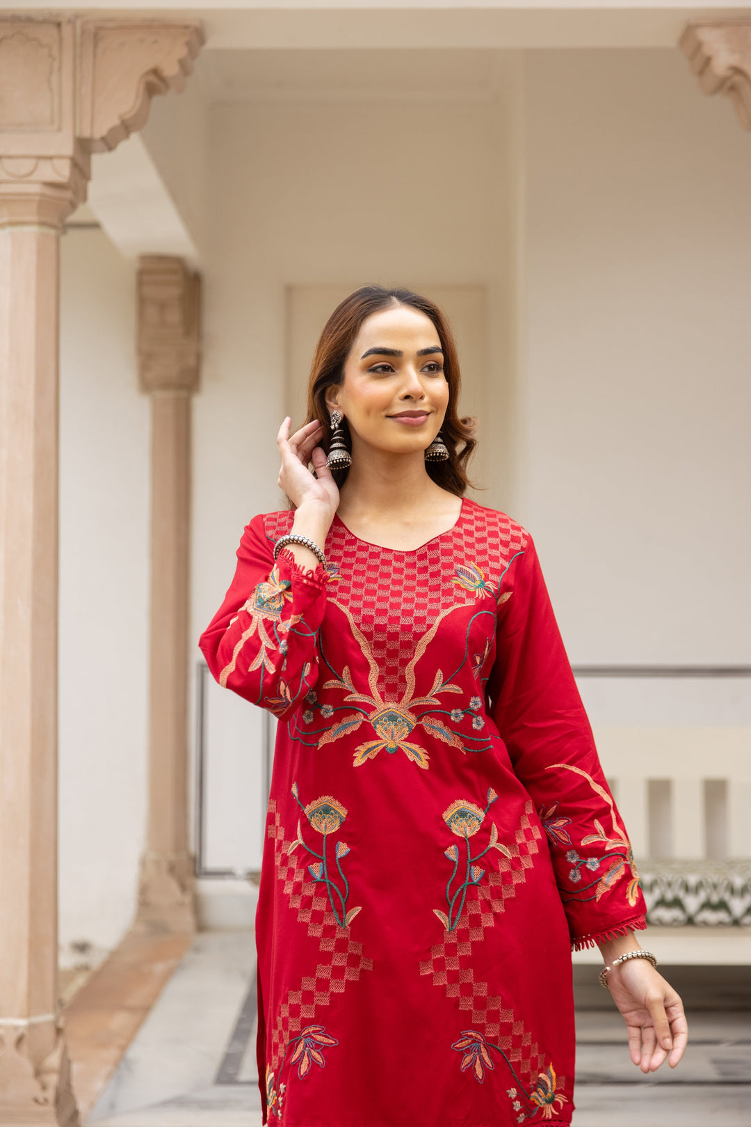 Nehamta Women's Red Rayon Kurta & Palazzo Set