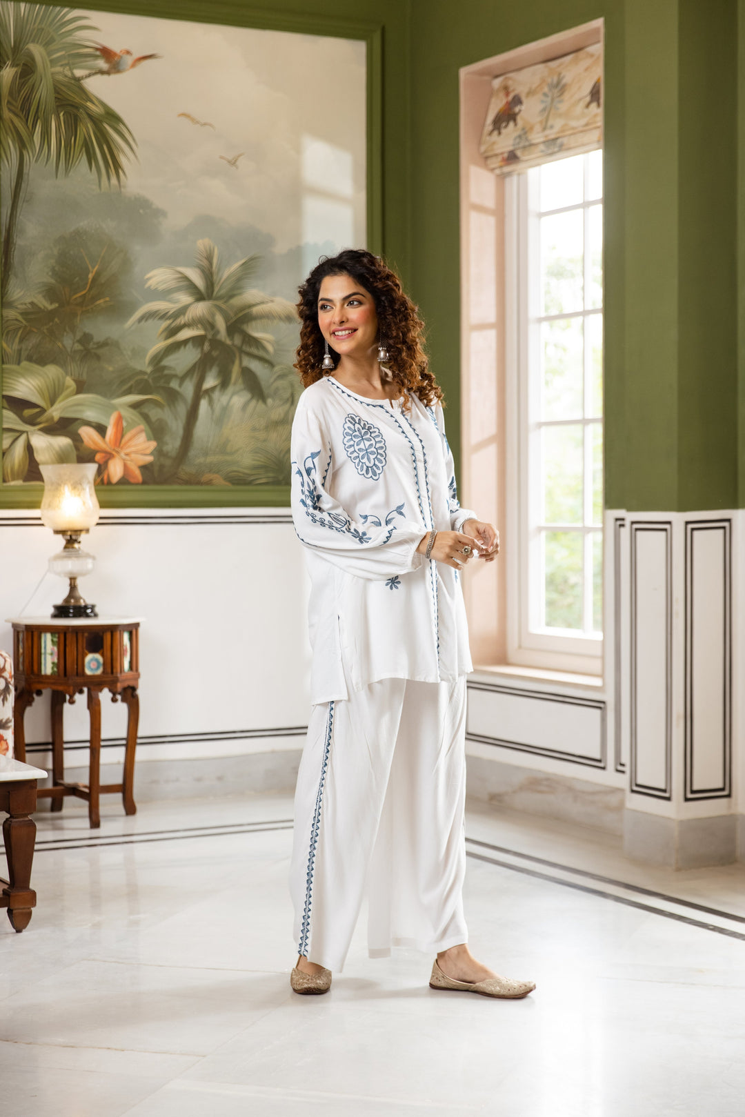 Nehamta Women's White Rayon Tunic with Palazzo Set