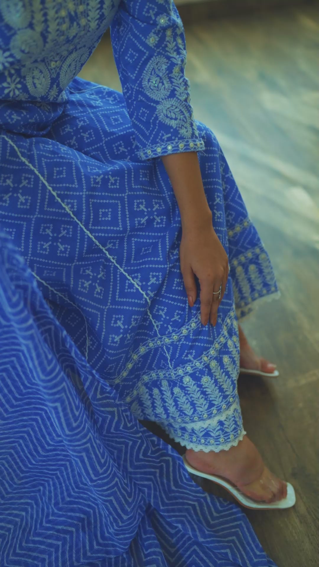 Blue Color Cotton Cambric Anarkali Women's Kurta Palazzo and Dupatta Set