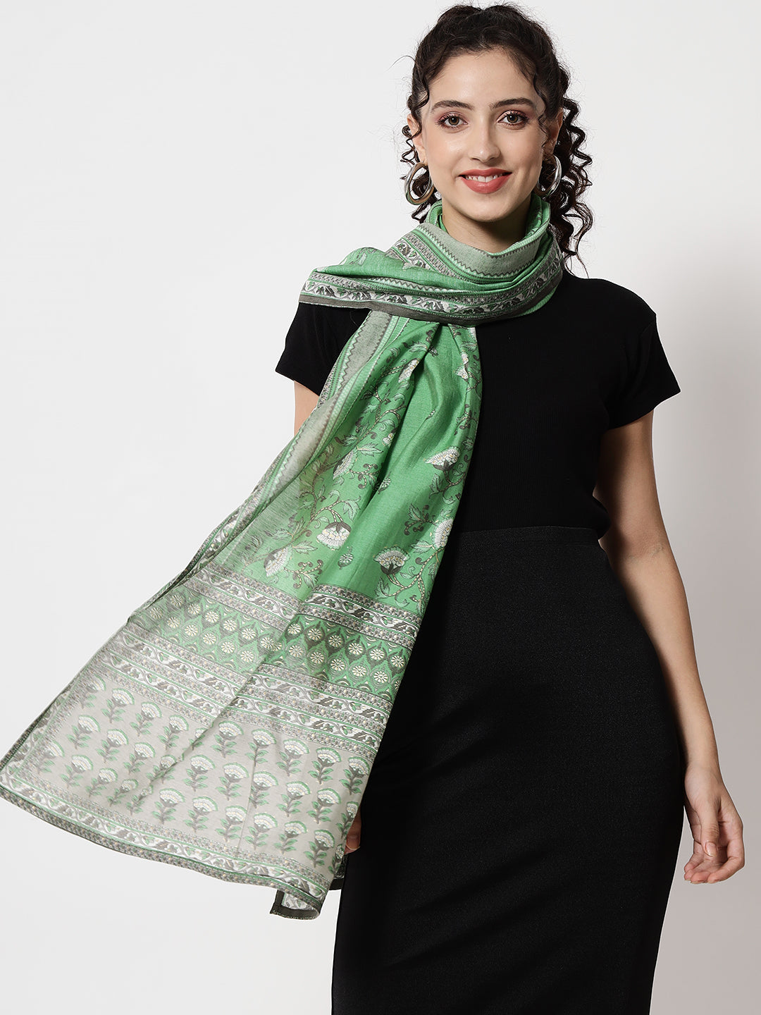 Lurex Art Silk Floral Foil Green Women Dupatta