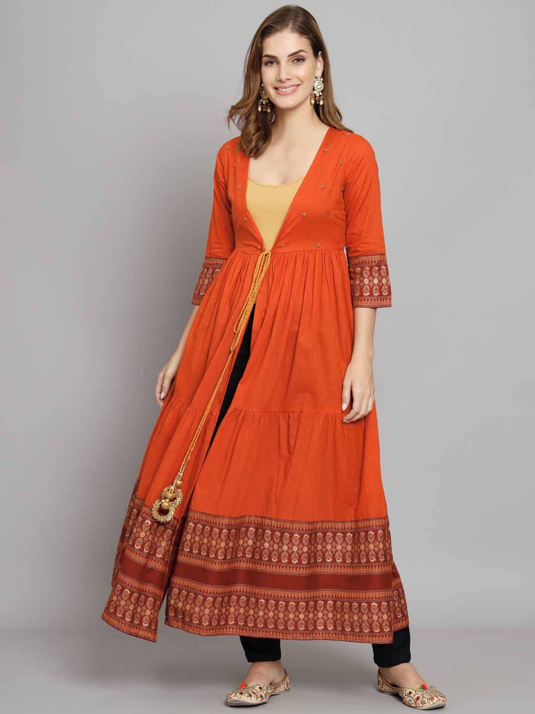 Women's Orange Cotton Anarkali Shrug