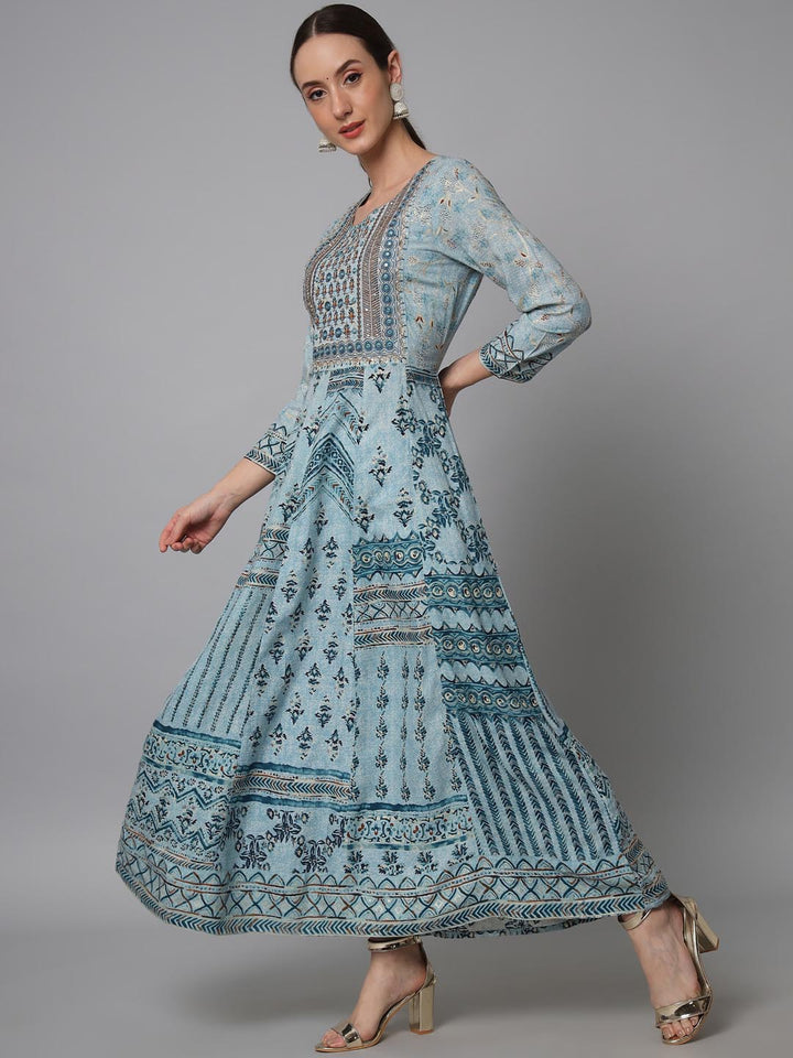 Women's Turquoise Rayon Anarkali Dress