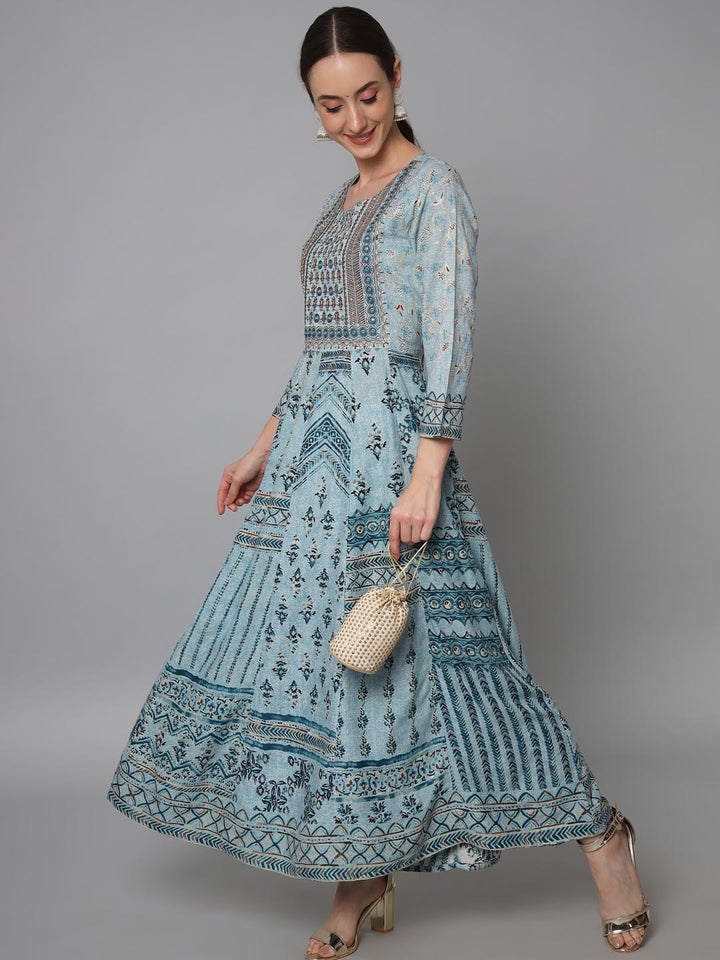 Women's Turquoise Rayon Anarkali Dress