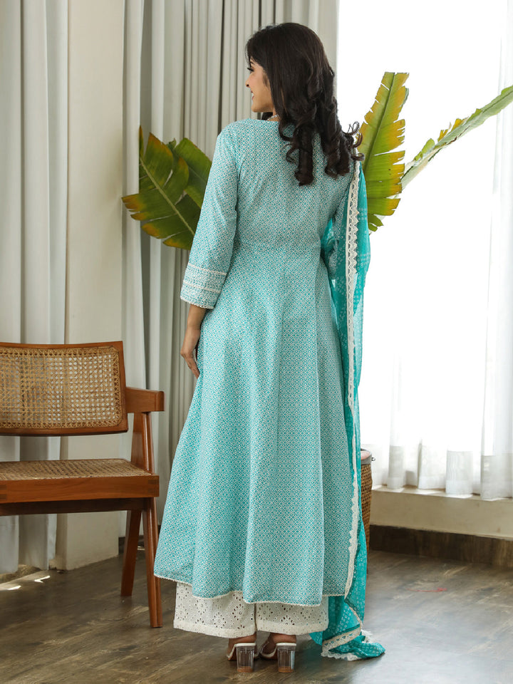 Nehamta Turquoise Color Cotton Cambric A-Line Women's Kurta Palazzo & Dupatta Set