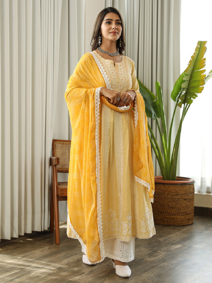 Nehamta Yellow Color Cotton Cambric A-Line Women's Kurta Palazzo & Dupatta Set