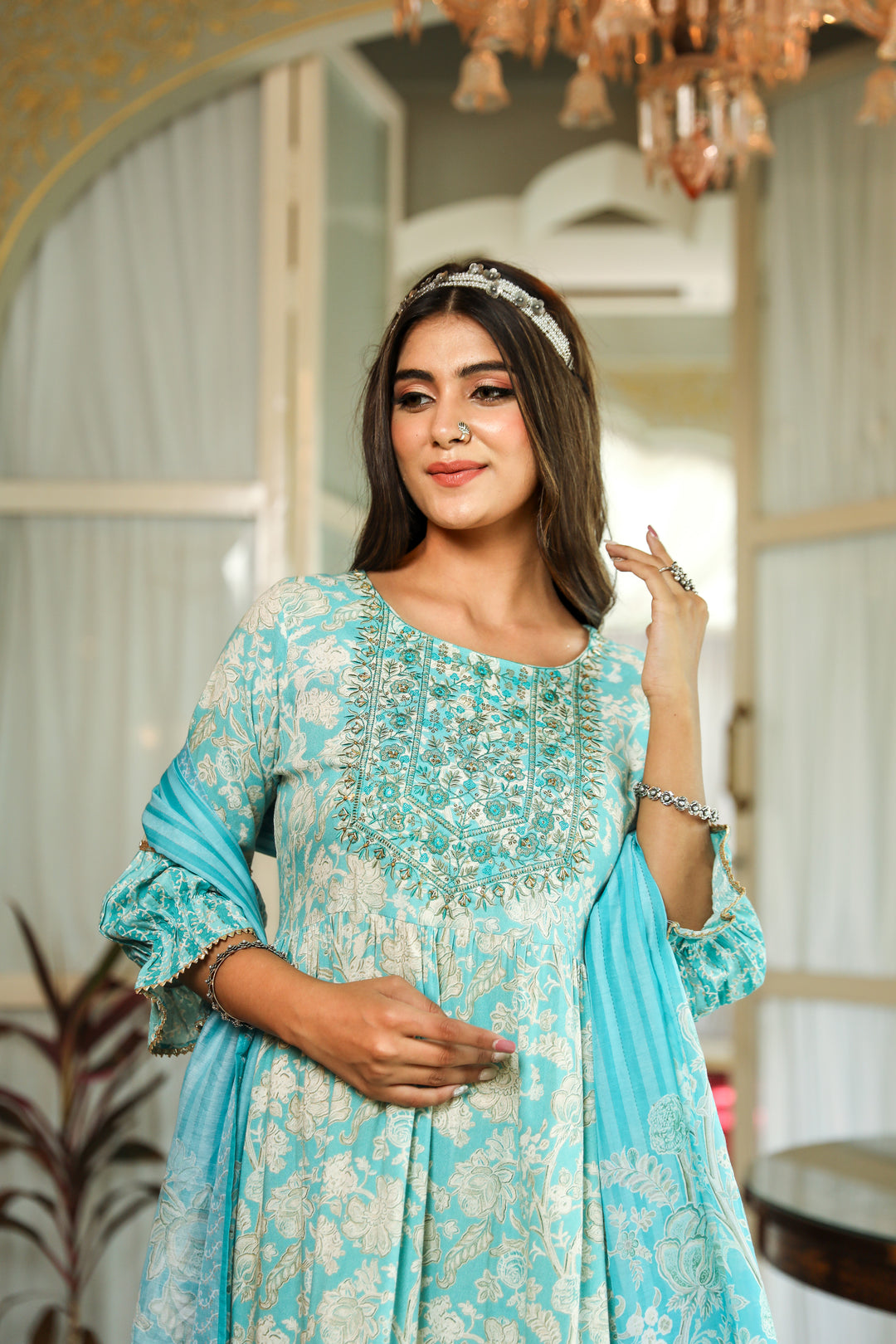 Turquoise Color Rayon A-Line Women's Kurta Sharara and Dupatta Set