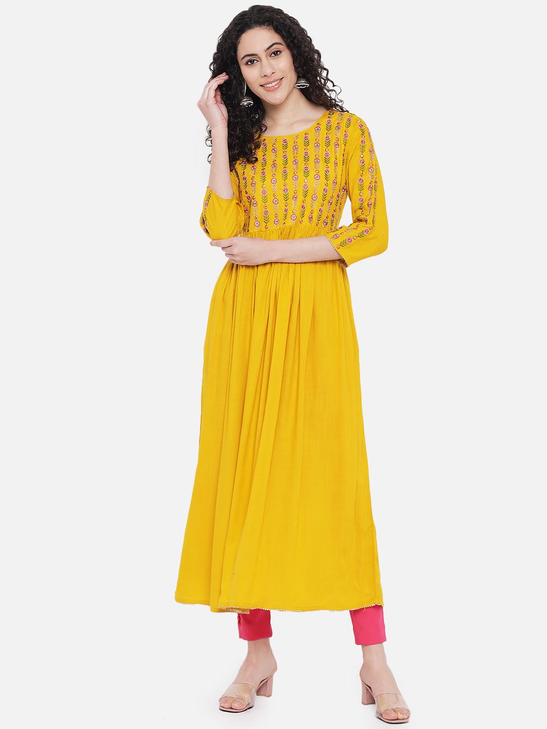 Women's Mustard Embroidered Midi Dress
